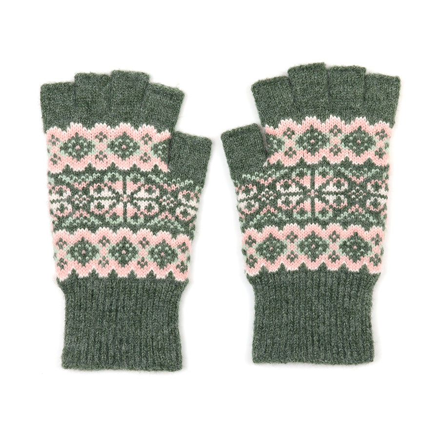 POM Agnes festive knit forest green and soft pink fingerless gloves - [shop_name Strathaven] [womens clothing]