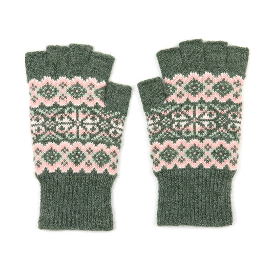 POM Agnes festive knit forest green and soft pink fingerless gloves - [shop_name Strathaven] [womens clothing]