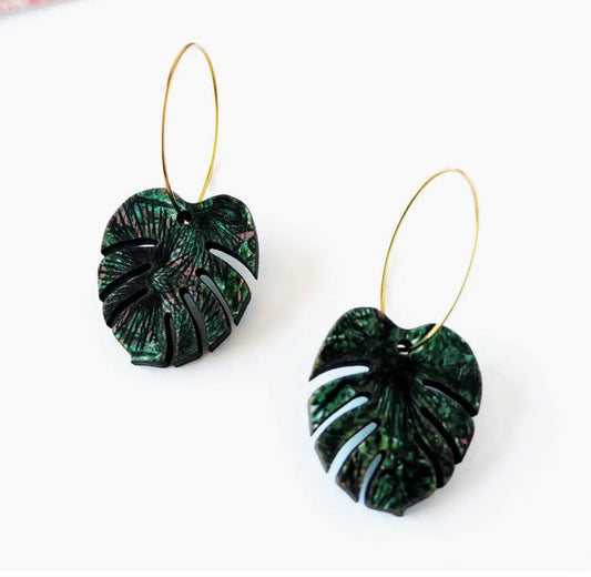 Mica Peet Green Monstera leaf houseplant Hoop Earrings