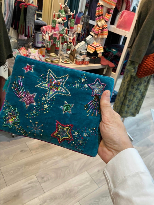 POM Teal velvet shooting stars purse