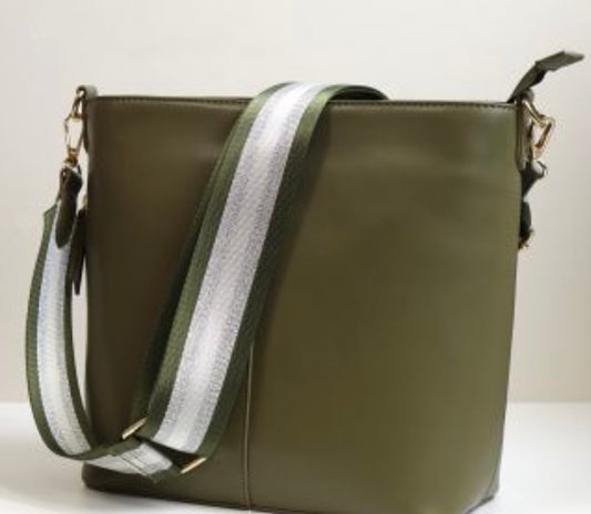 POM Olive vegan leather bag with striped strap