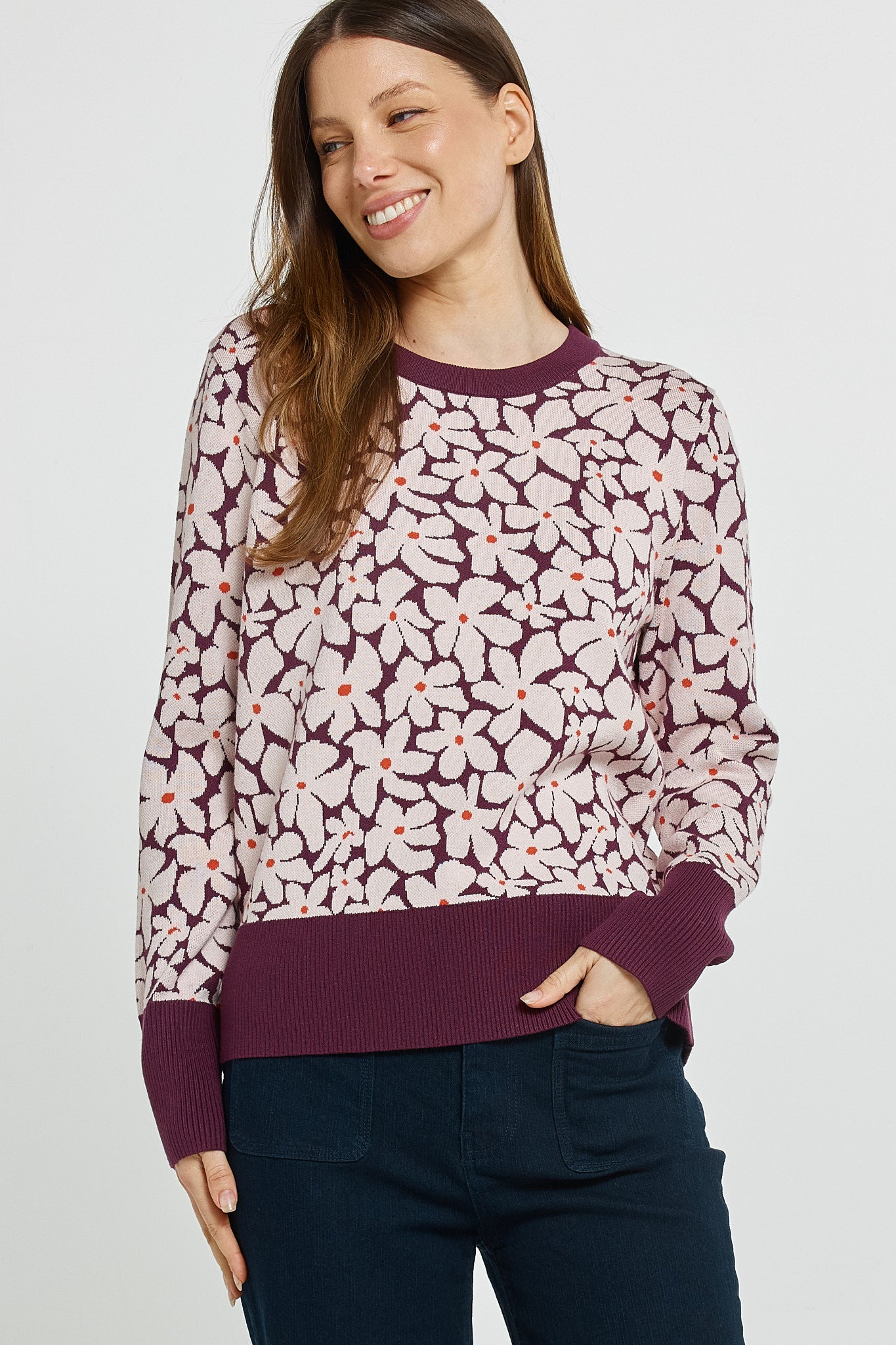 Betty Basics Maisie sweater in wine petal jacquard - [shop_name Strathaven] [womens clothing]