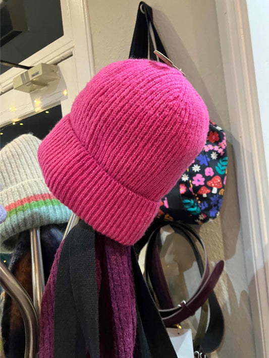 POM Bright pink beanie hat in recycled blend