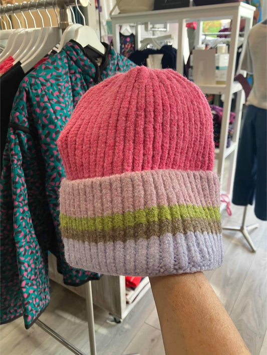 POM Pink mix rainbow beanie hat