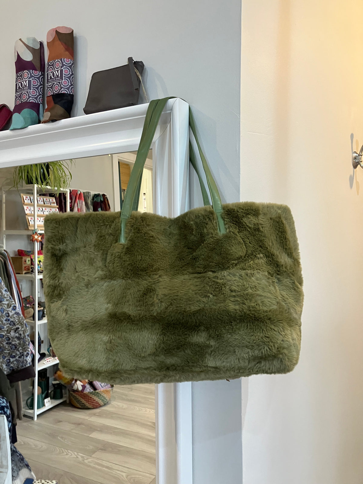 POM Natalia khaki faux fur bag