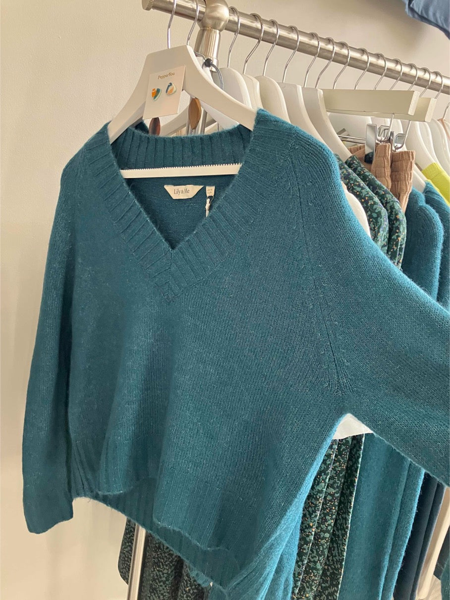 Lily & Me Woodchester sweater in petrol blue