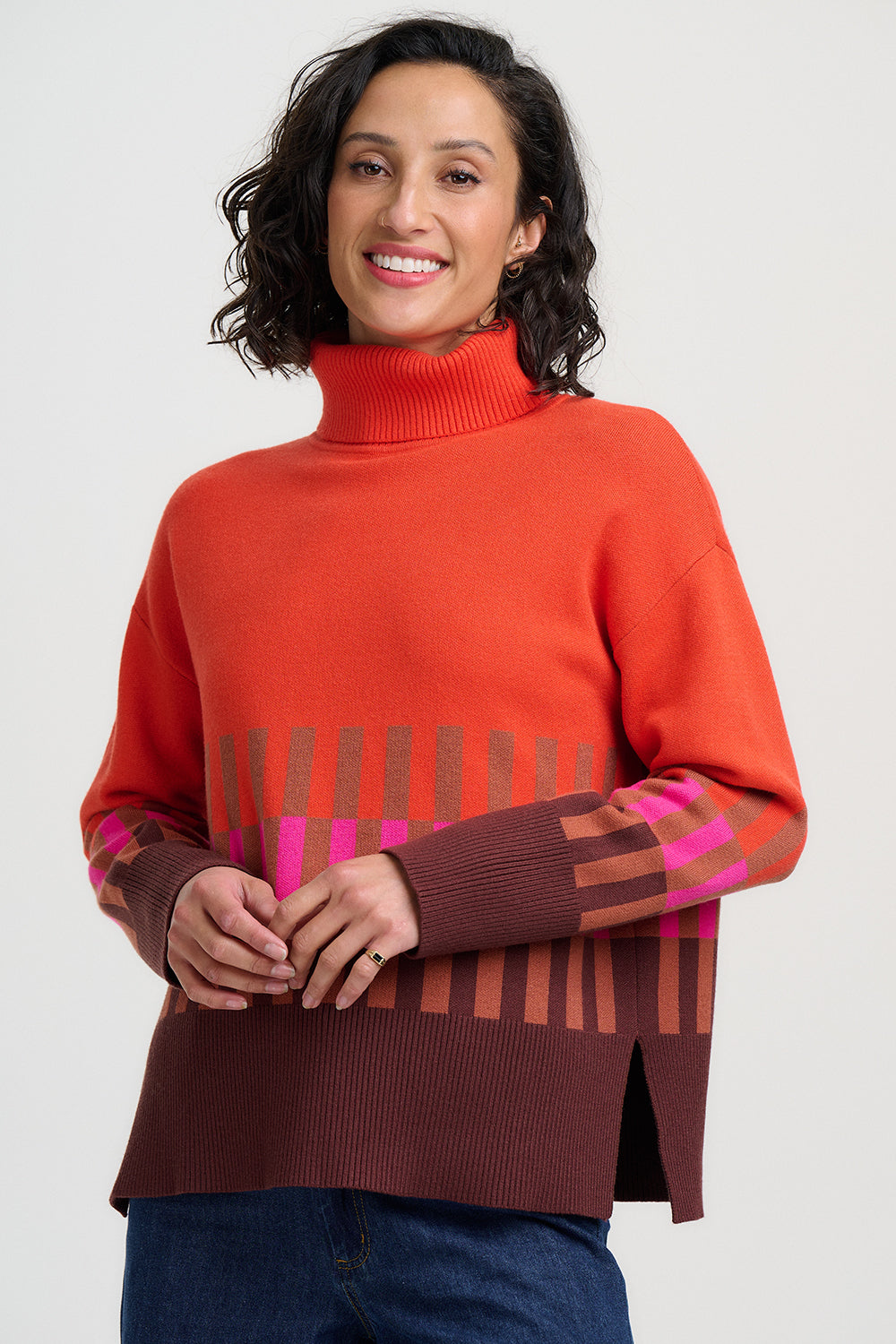 Sugarhill Brighton Serita roll neck in orange with pink and brown