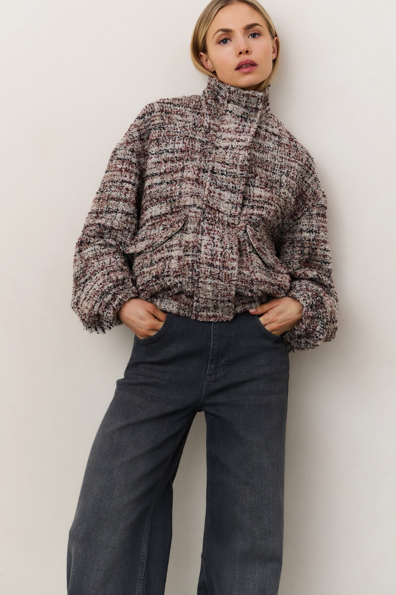 Yaya boucle jacket with fringes in blush pink