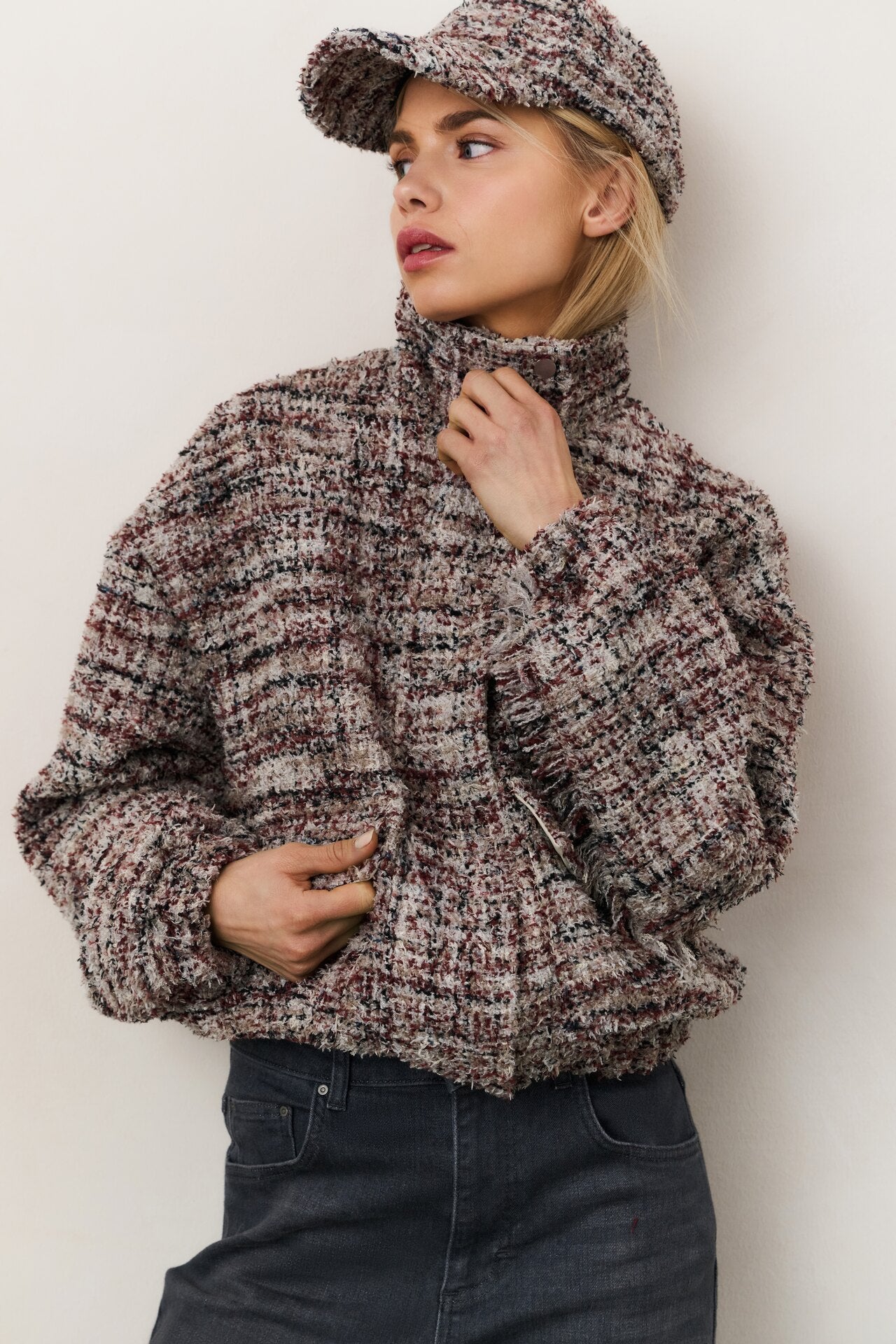 Yaya boucle jacket with fringes in blush pink