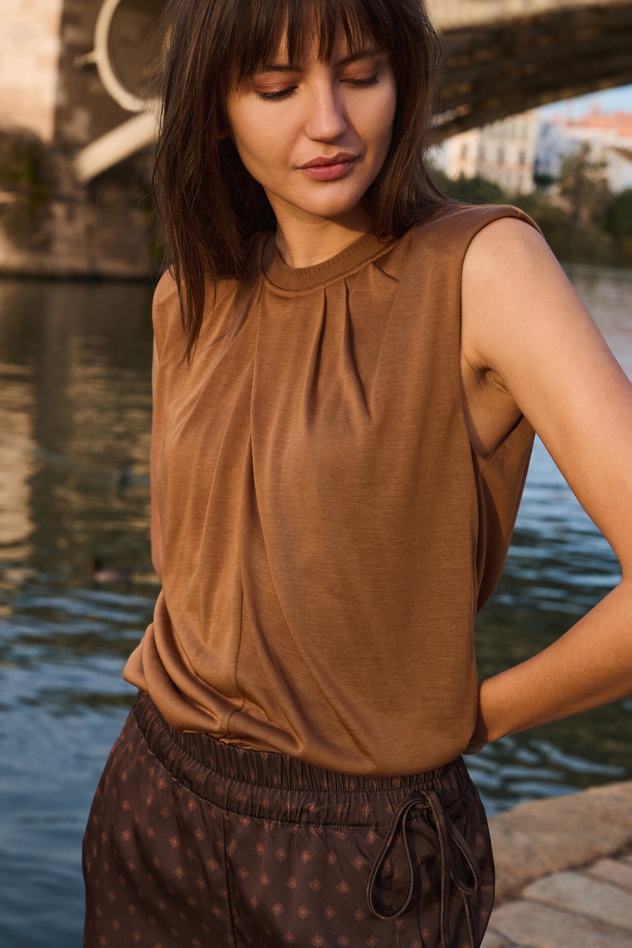 Yaya sleeveless top with pleated detail on foxtrot brown - [shop_name Strathaven] [womens clothing]