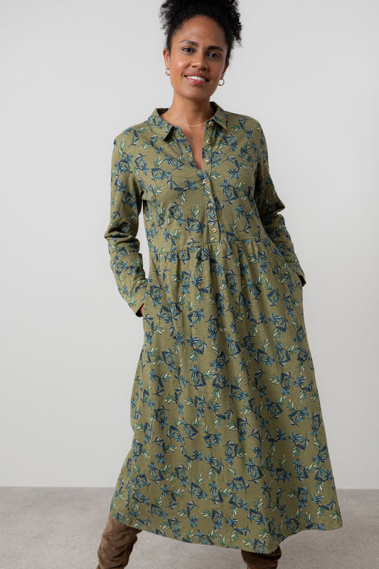 Moss green dress with collar and teal blue print