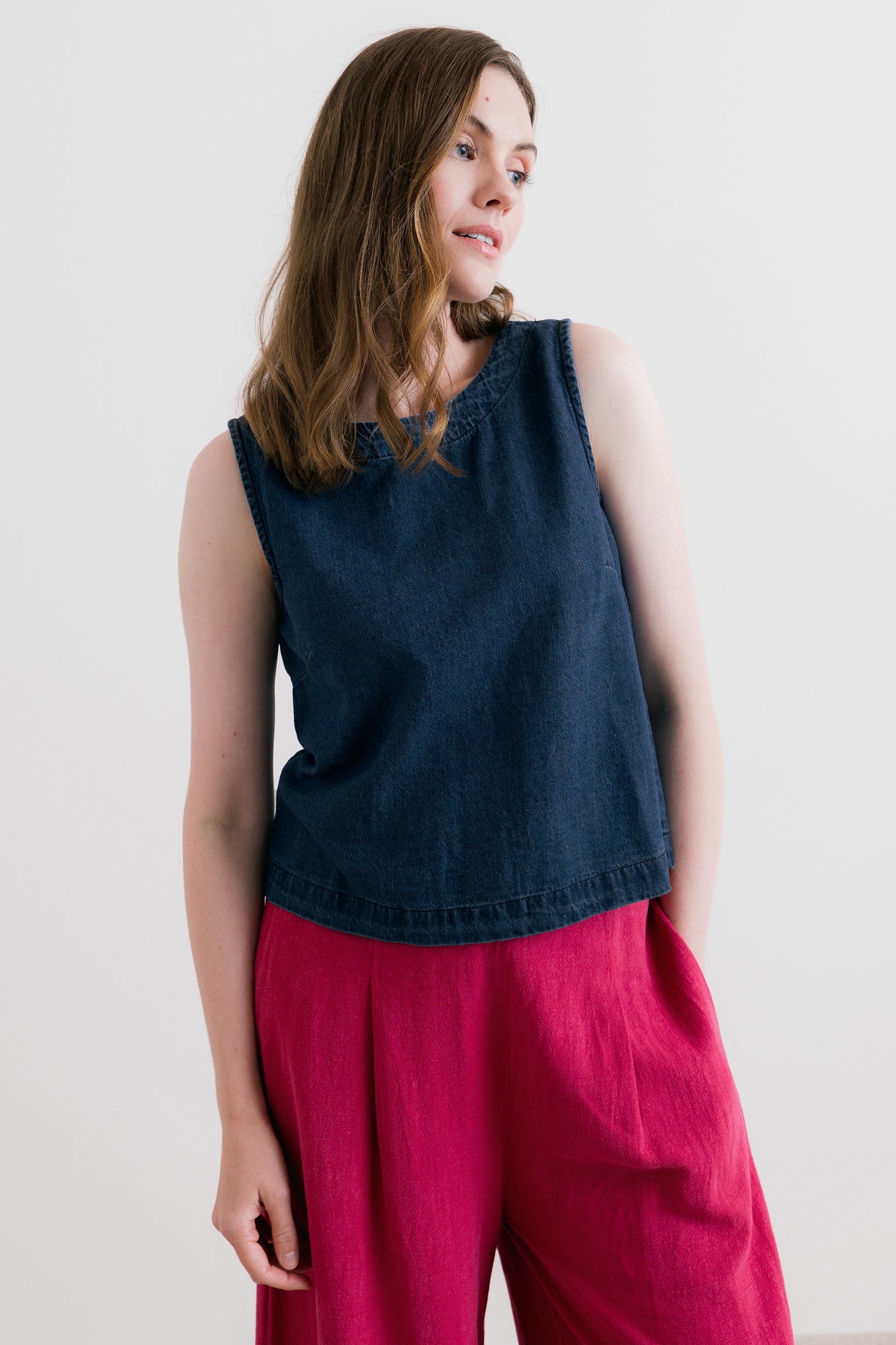 Lily & Me Cora two way vest plain denim blue - [shop_name Strathaven] [womens clothing]