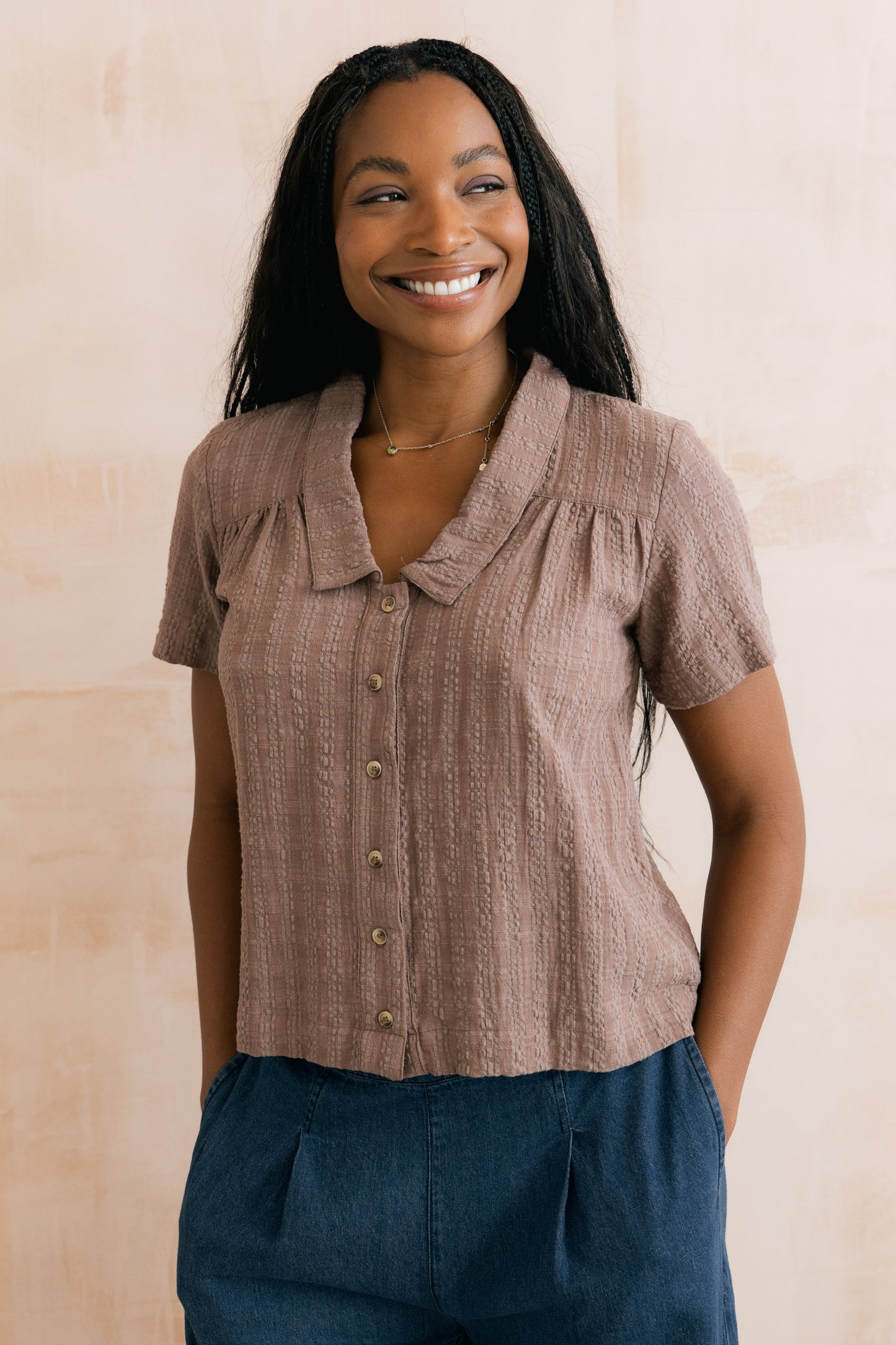 Lily & Me Lowlands mocha blouse in seer sucker - [shop_name Strathaven] [womens clothing]