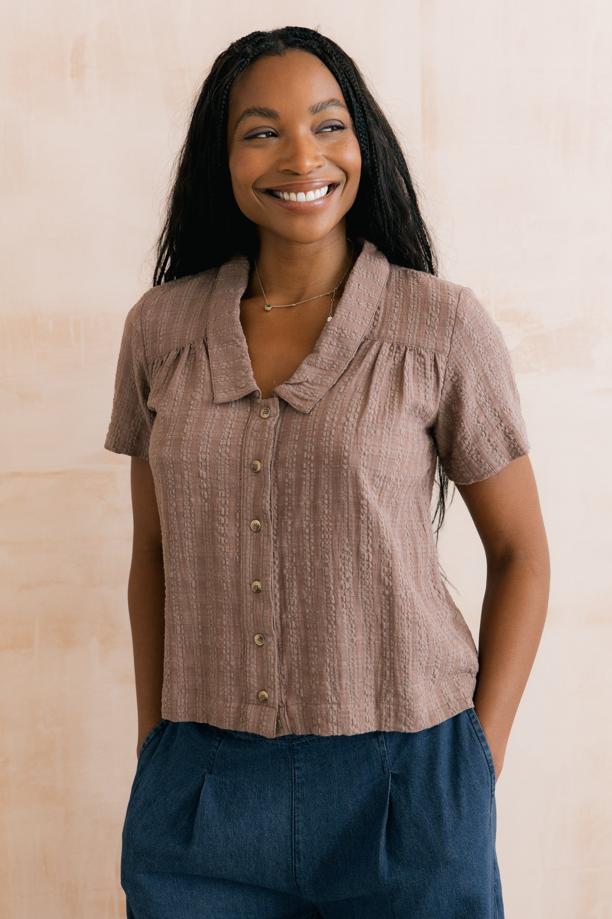 Lily & Me Lowlands mocha blouse in seer sucker - [shop_name Strathaven] [womens clothing]