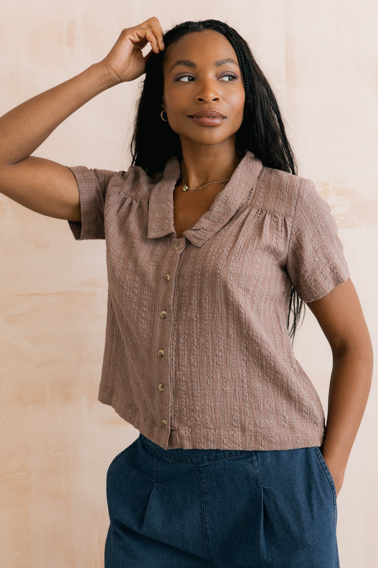 Lily & Me Lowlands mocha blouse in seer sucker - [shop_name Strathaven] [womens clothing]