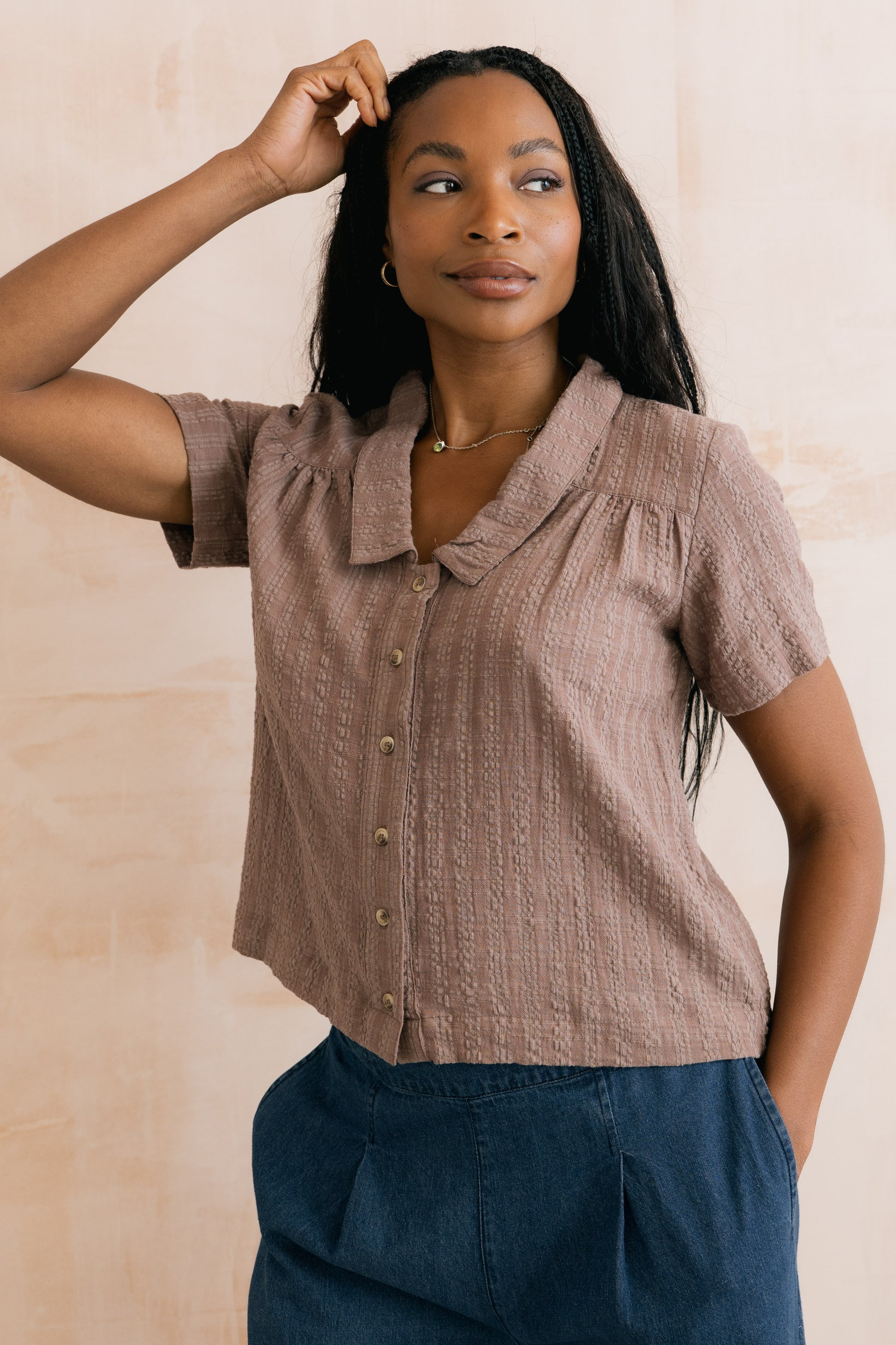 Lily & Me Lowlands mocha blouse in seer sucker - [shop_name Strathaven] [womens clothing]
