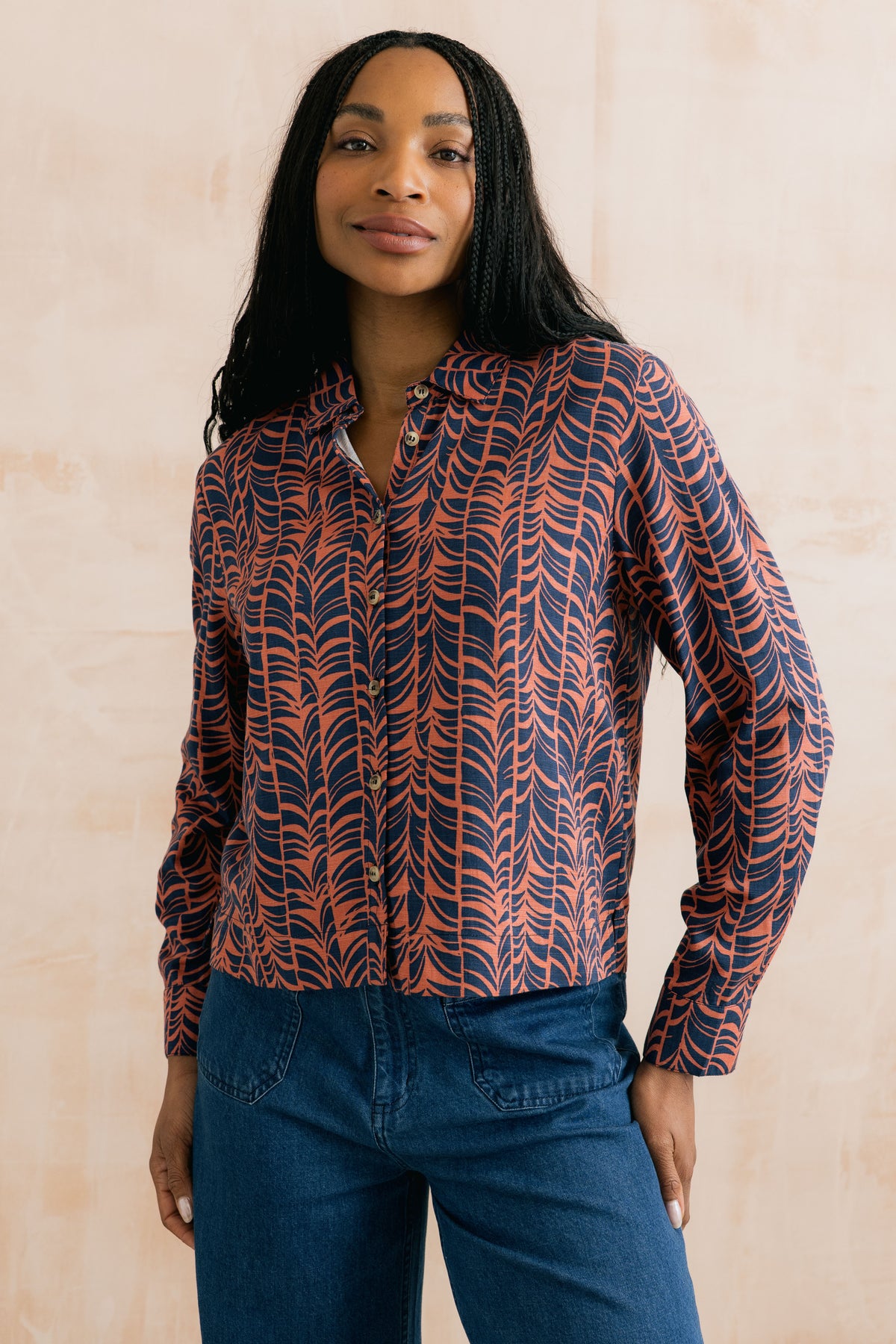 Lily & Me Bracken shirt leafwork in navy - [shop_name Strathaven] [womens clothing]
