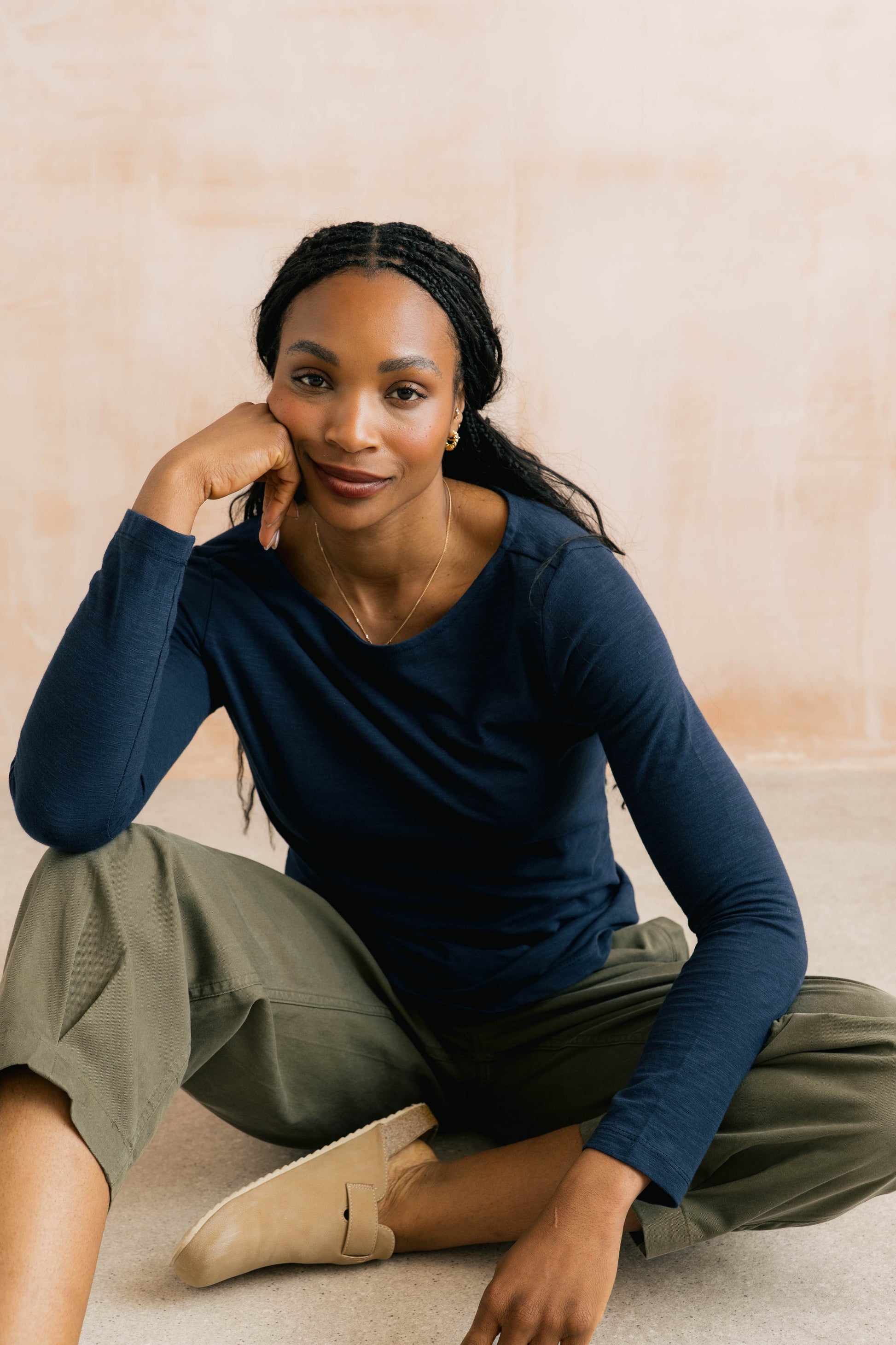 Lily & Me Monica plain cotton slub top in navy - [shop_name Strathaven] [womens clothing]