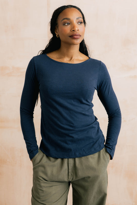 Lily & Me Monica plain cotton slub top in navy - [shop_name Strathaven] [womens clothing]