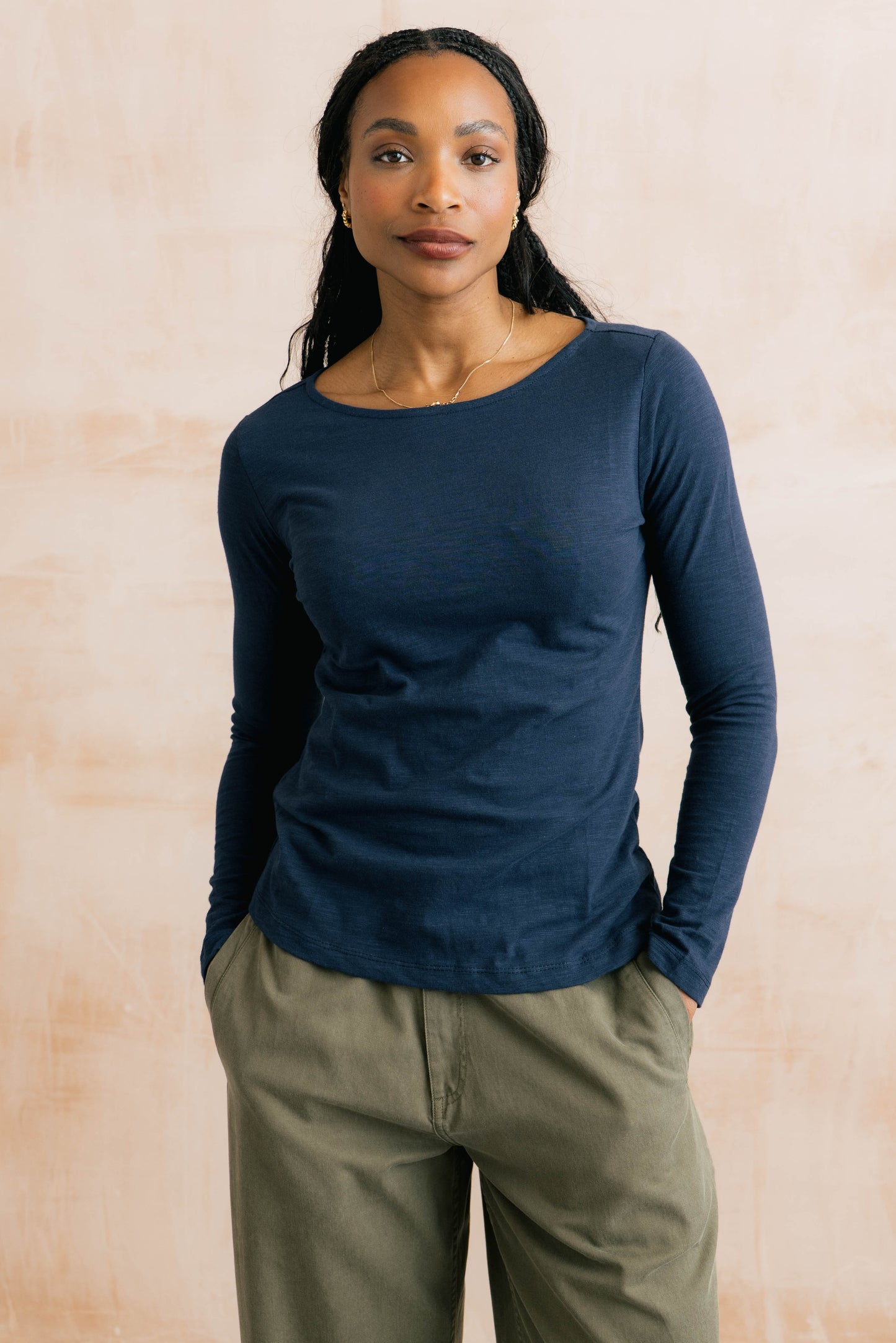 Lily & Me Monica plain cotton slub top in navy - [shop_name Strathaven] [womens clothing]