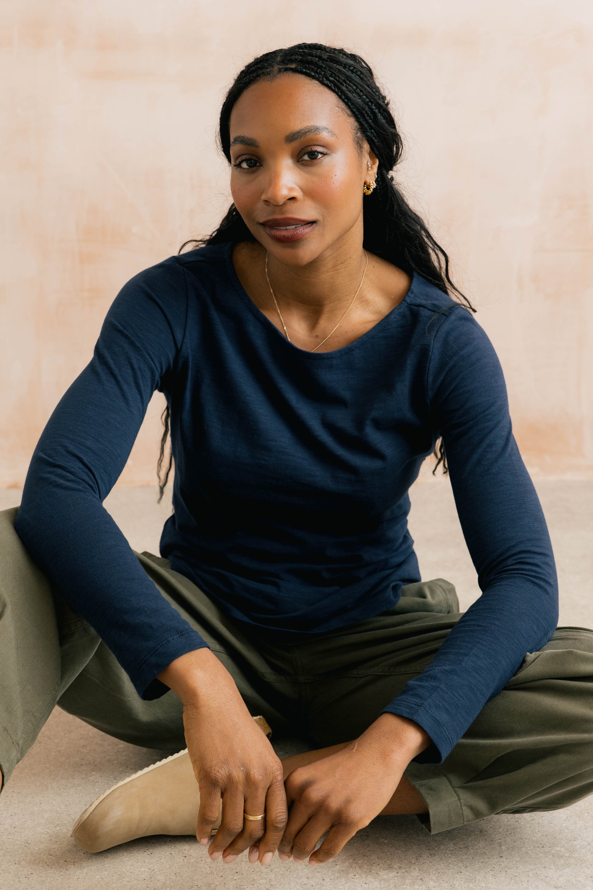 Lily & Me Monica plain cotton slub top in navy - [shop_name Strathaven] [womens clothing]