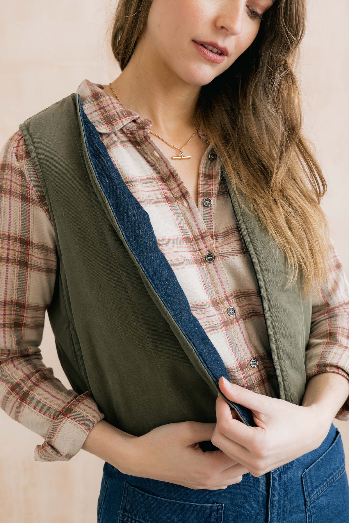 Lily & Me Pavilion reversible gilet in olive and blue - [shop_name Strathaven] [womens clothing]