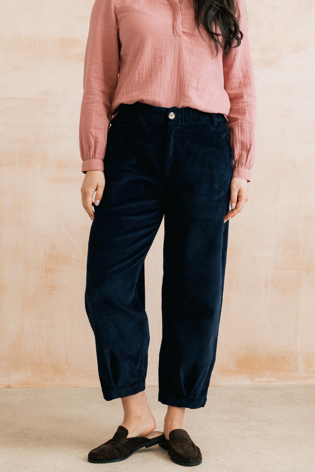 Lily & Me Shirin Trouser in plain navy cord - [shop_name Strathaven] [womens clothing]