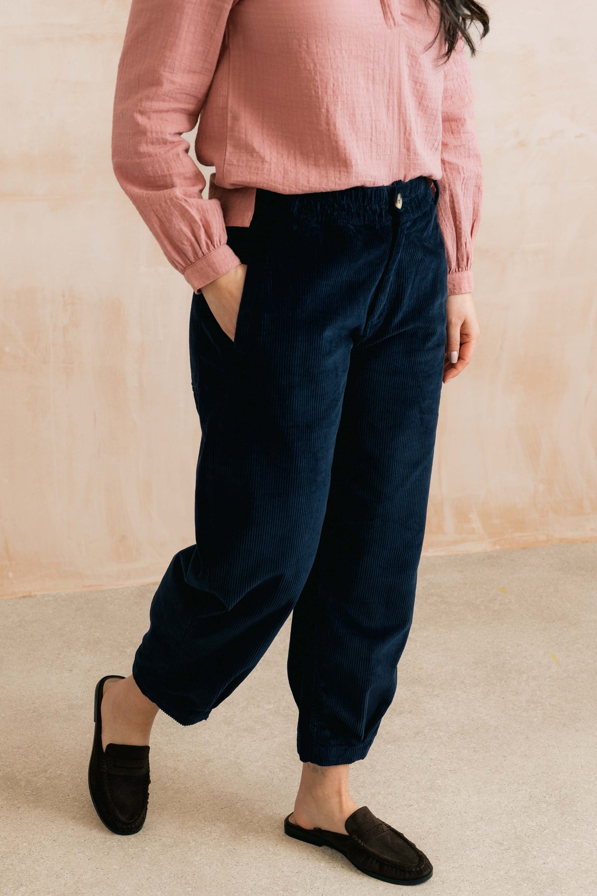 Lily & Me Shirin Trouser in plain navy cord - [shop_name Strathaven] [womens clothing]