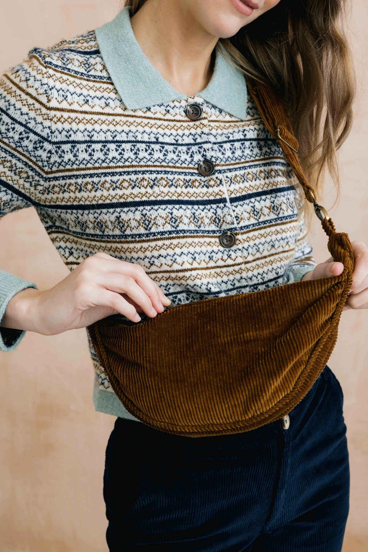 Lily & Me Crossbody Jumbo cord bag in burnt caramel - [shop_name Strathaven] [womens clothing]