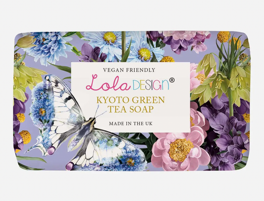 Vegan-friendly Kyoto Green Tea soap with floral design and Lola Design branding.