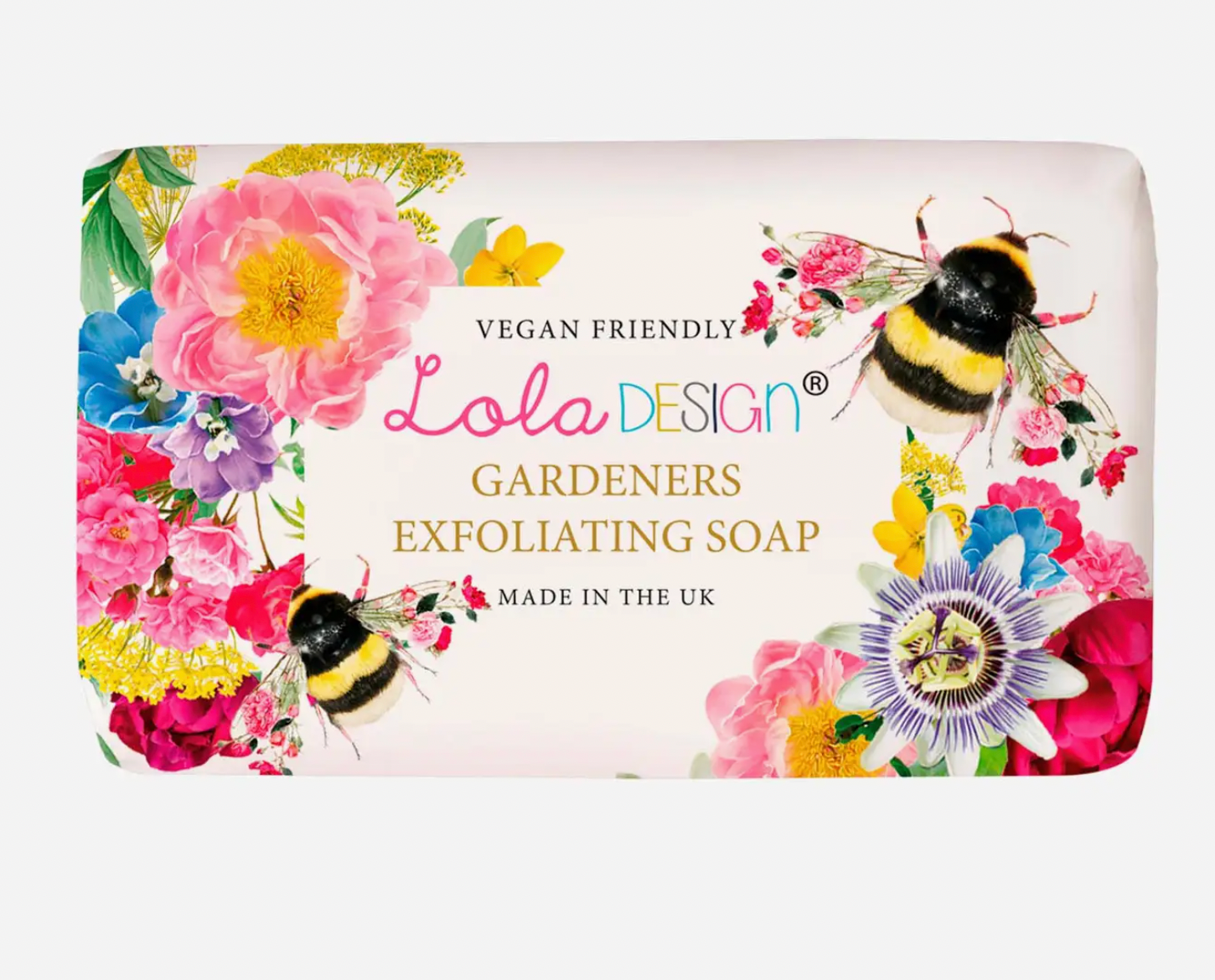 Lola Design soap bar for gardeners with floral design and bumblebees on a white background