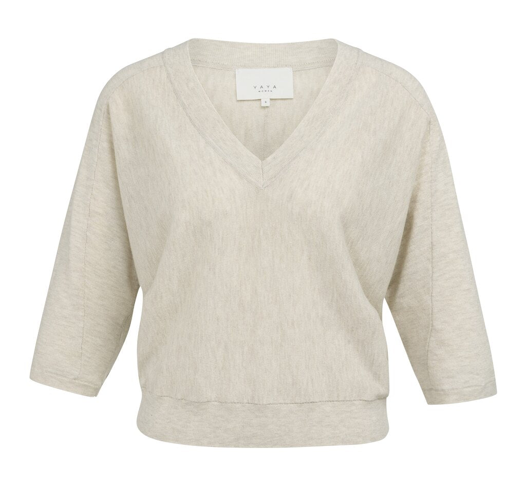 Yaya v neck sweater with three quarter sleeve in beige melange - [shop_name Strathaven] [womens clothing]