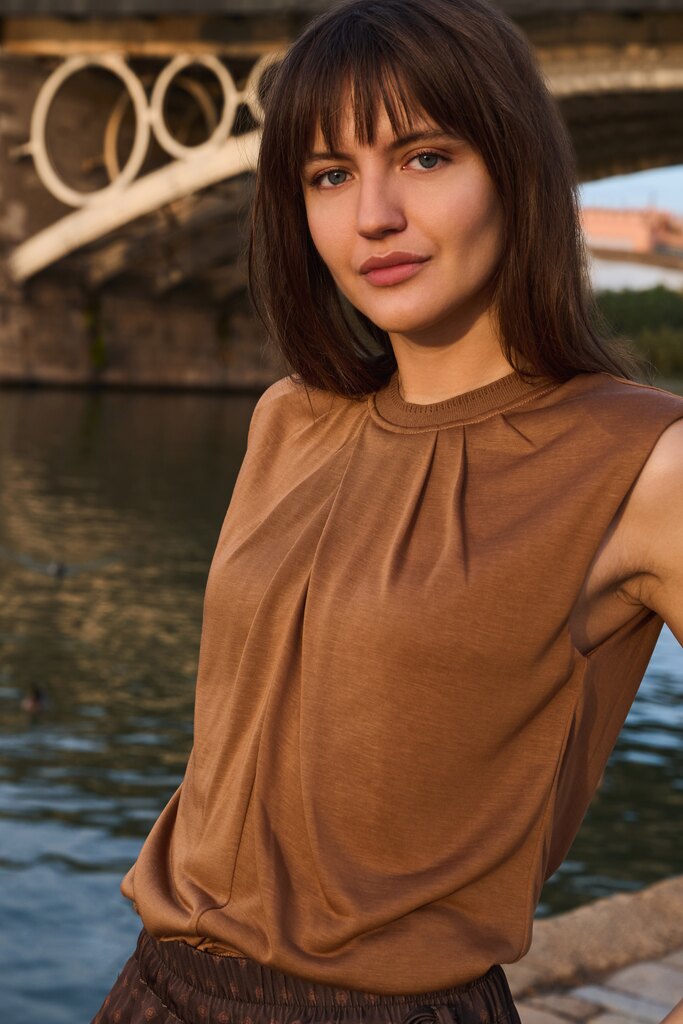 Yaya sleeveless top with pleated detail on foxtrot brown - [shop_name Strathaven] [womens clothing]