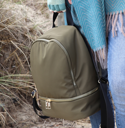 Dark olive recycled polyester rucksack with pea green lining