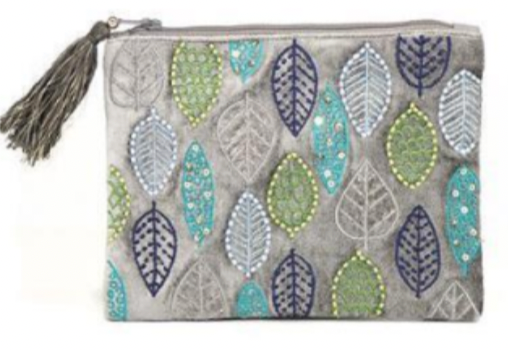 POM Smokey grey bead and embroidered leaf purse