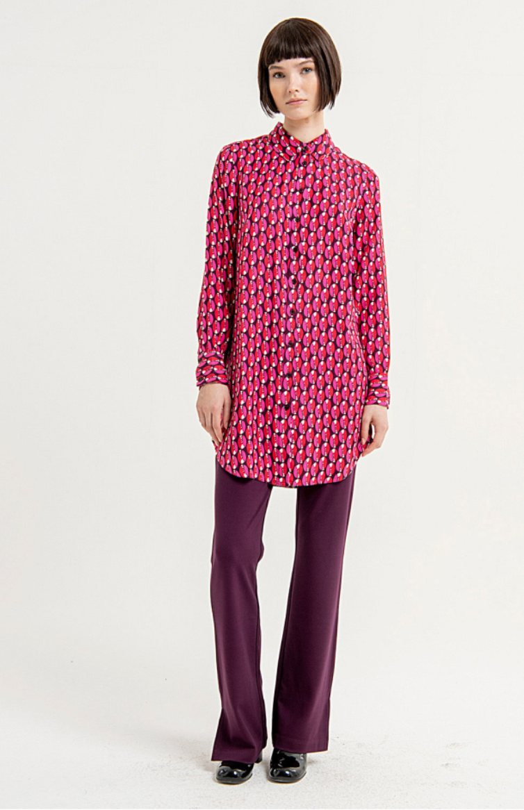 Surkana abstract print long shirt in pink and aubergine