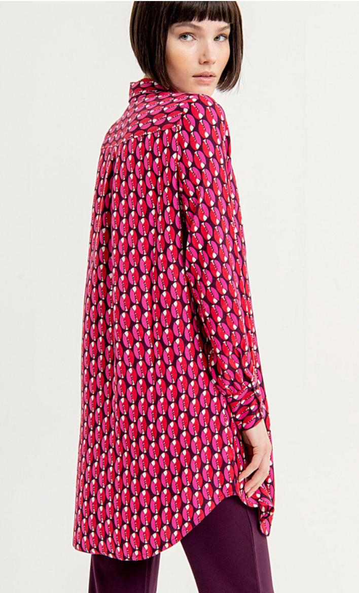 Surkana abstract print long shirt in pink and aubergine