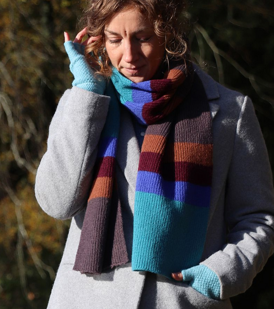 Aqua and plum colour block knit scarf