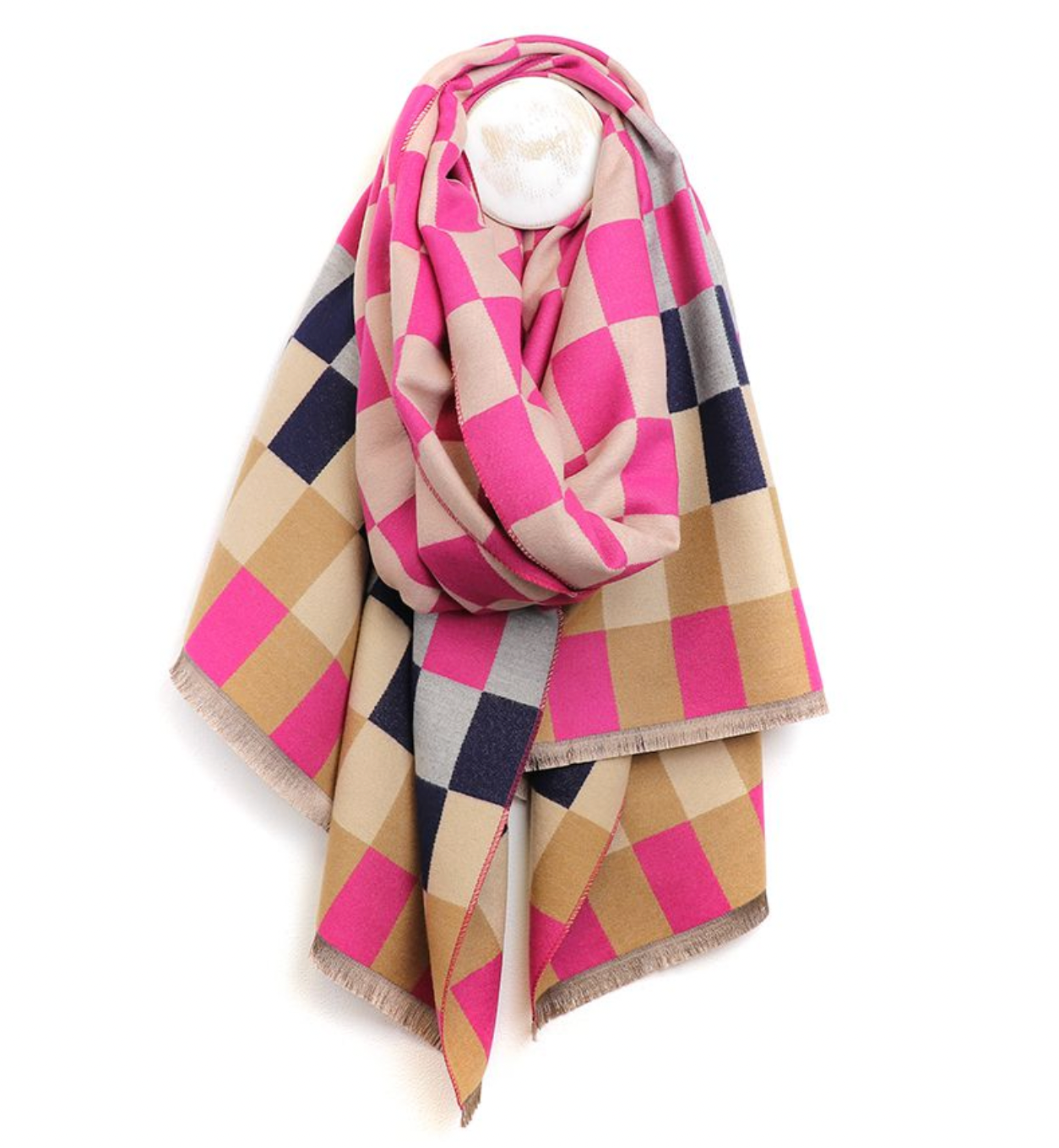 Viscose checkboard scarf in pink and navy