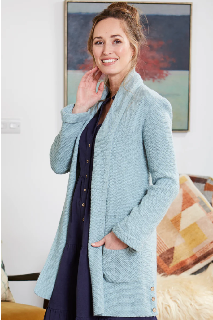 Mistral open front long cardigan with side buttons in tourmaline