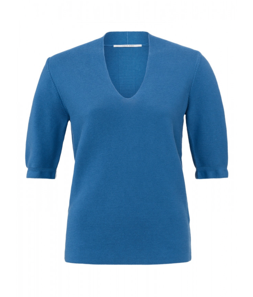 Yaya cotton sweater with v neck and halflong sleeves with detail in bright cobalt blue