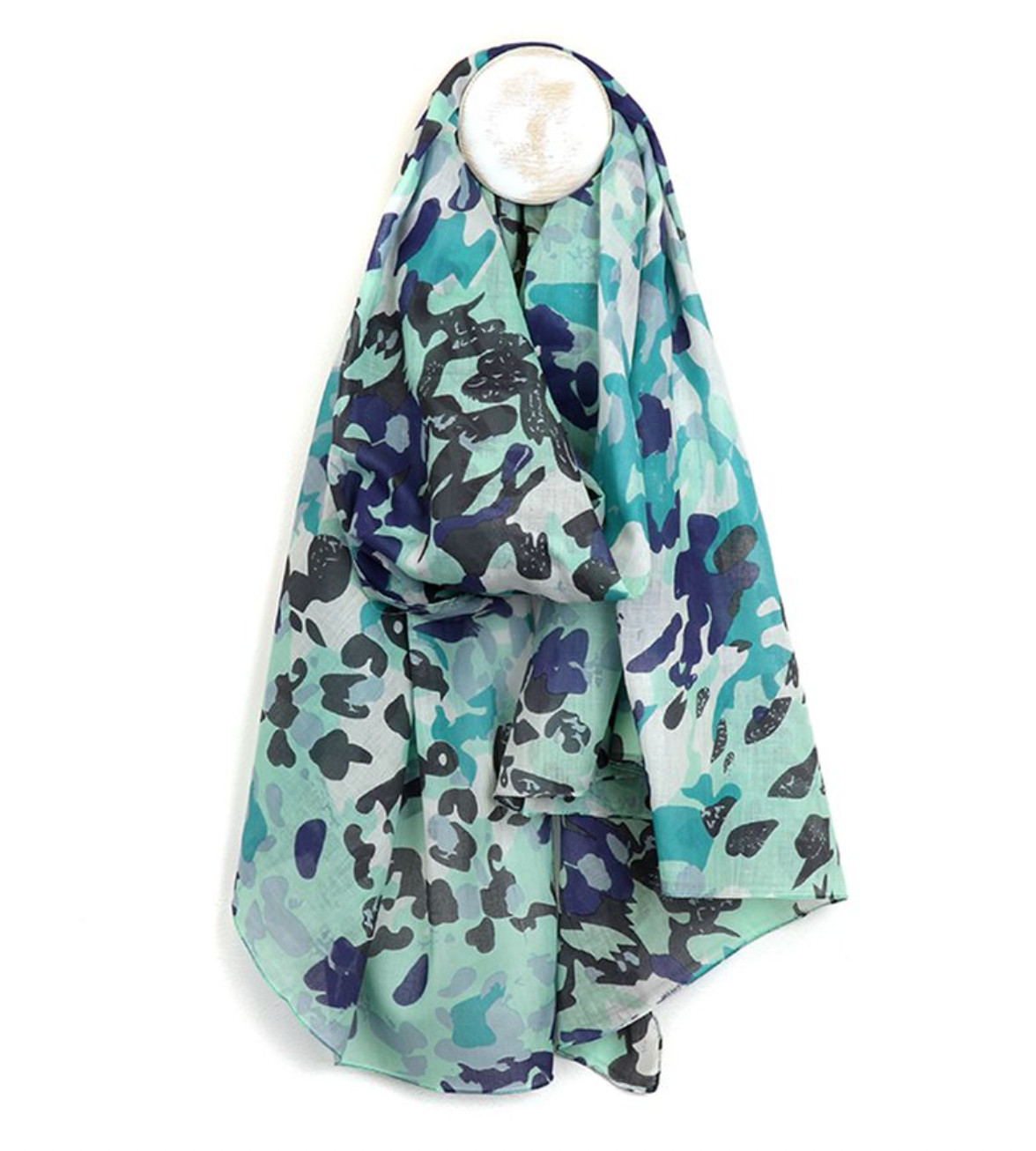 POM Aqua and blue animal camo print organic cotton scarf