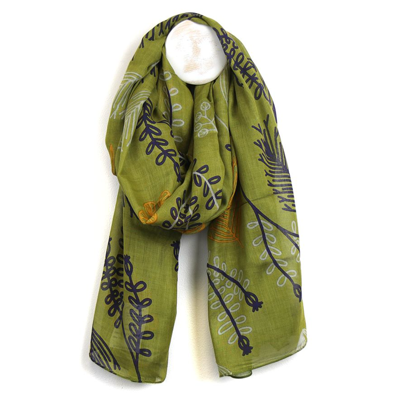Olive green fern print organic cotton scarf