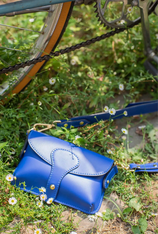 Leather banana pouch leather handbag in cobalt blue