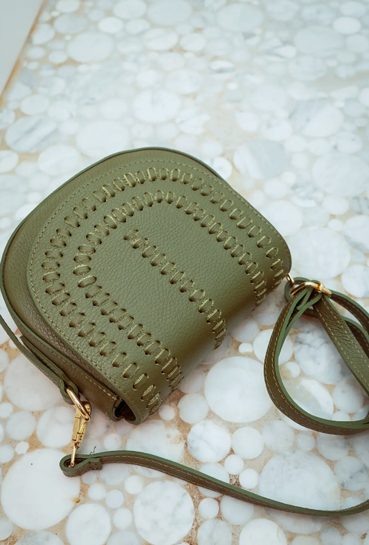 Stitch effect leather handbag in khaki