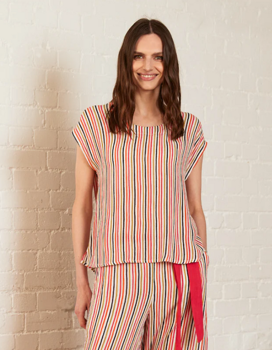Nomads white top with tan, red, orange and charcoal stripes