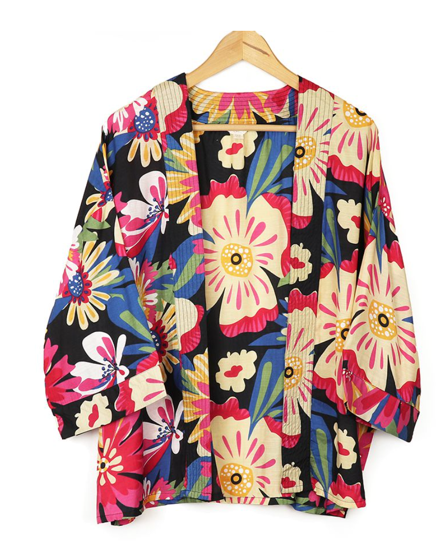 POM Coral and blue mix hibiscus flower print kimono