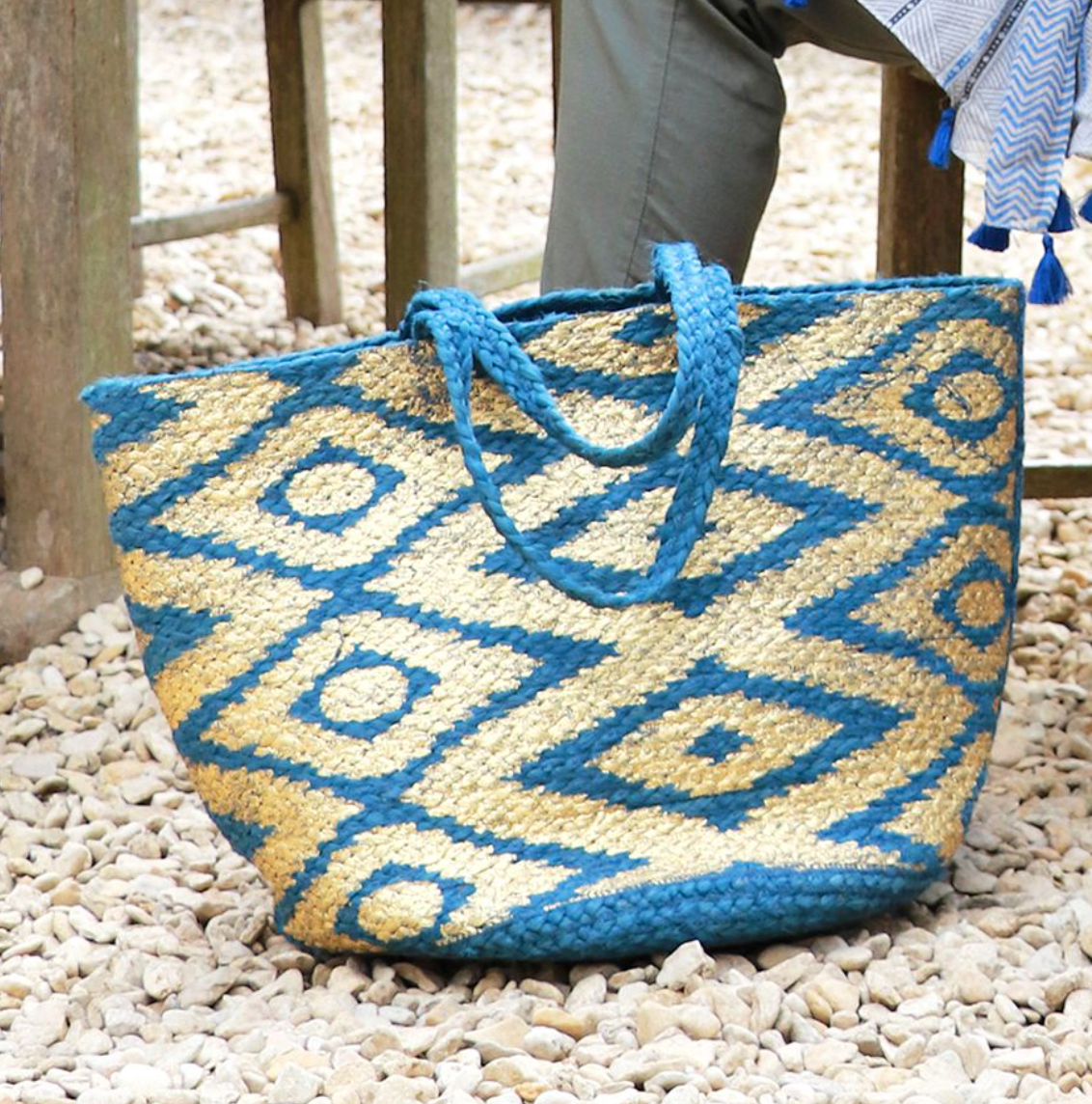 POM dusky blue jute beach bag with gold over print