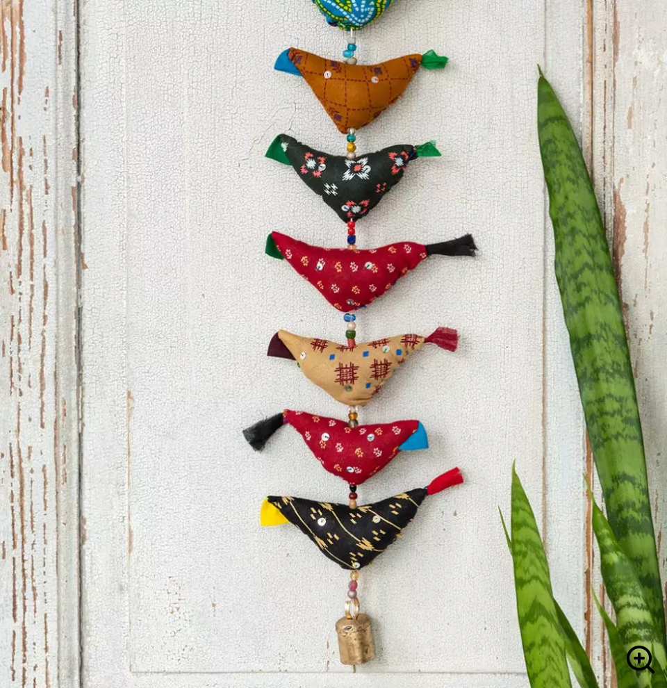 Recycled cloth hanging decoration 1m long - birds and bell