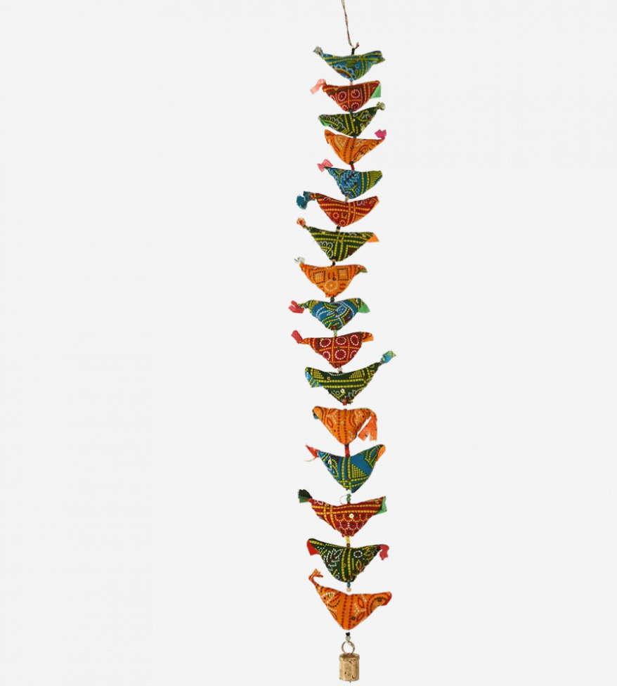 Recycled cloth hanging decoration 1m long - birds and bell